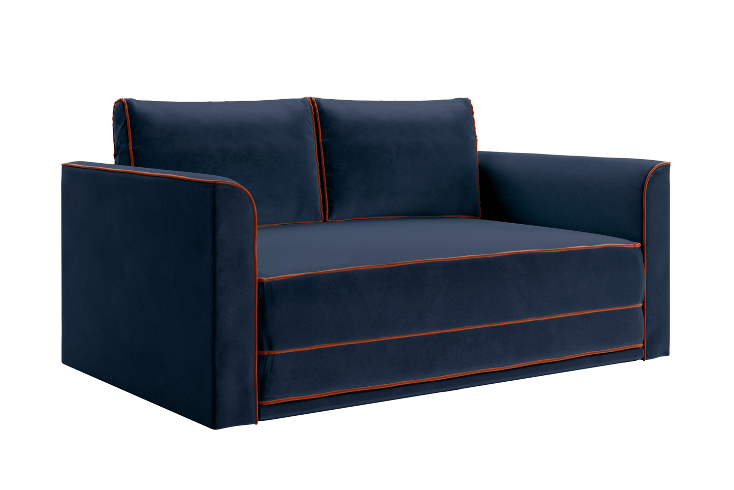 The Eclipse Sofa in Recycled Velvet is a modern dark blue loveseat with orange piping, two back cushions, and clean, boxy armrests.