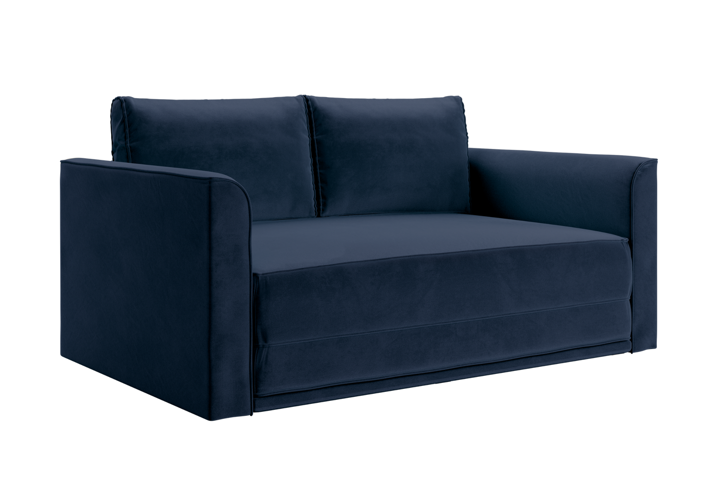 The Eclipse Sofa in Recycled Velvet is a modern deep blue loveseat with wide armrests and two back cushions, shown at an angle against a white background.