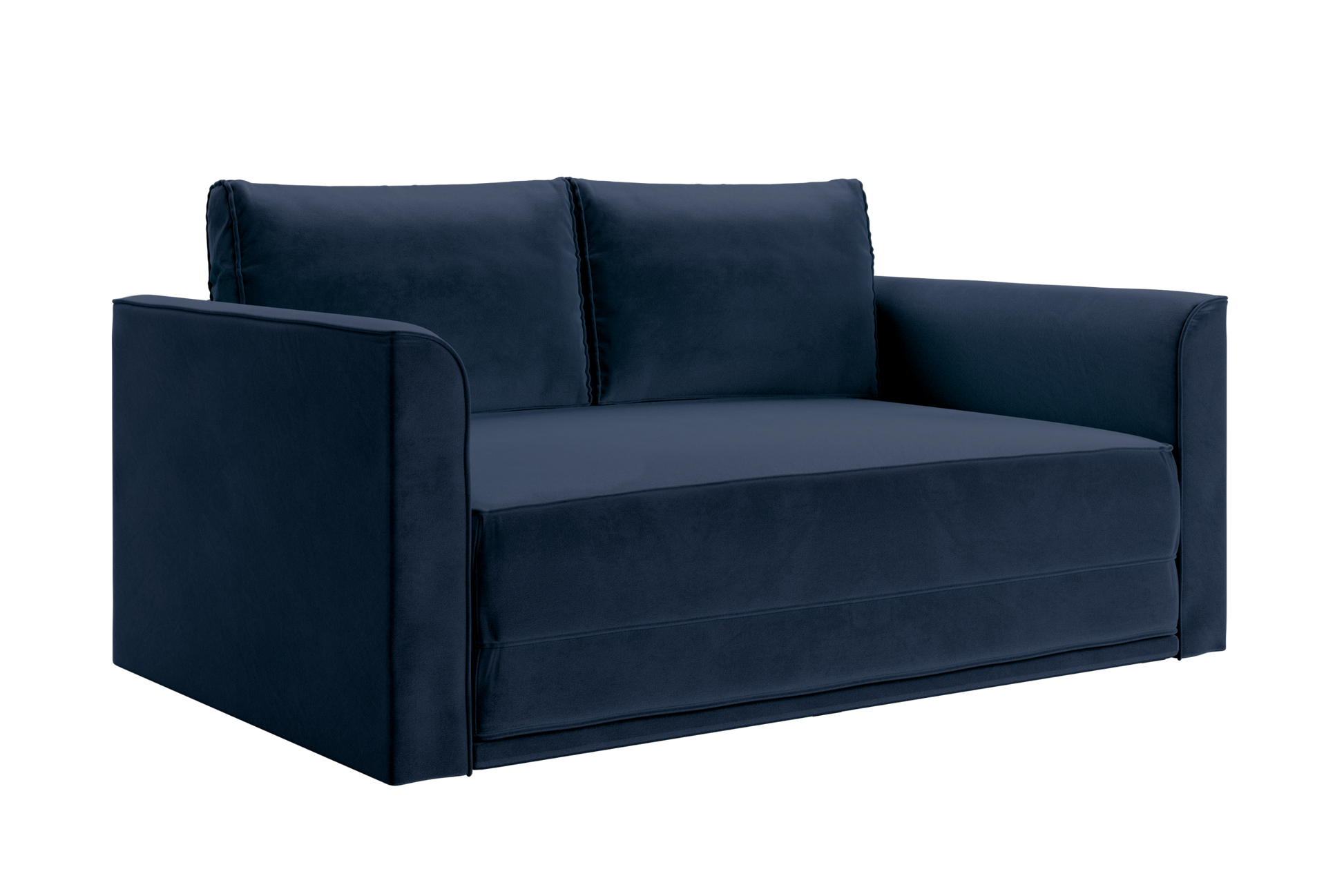 The Eclipse Sofa in Recycled Velvet is a modern deep blue loveseat with wide armrests and two back cushions, shown at an angle against a white background.
