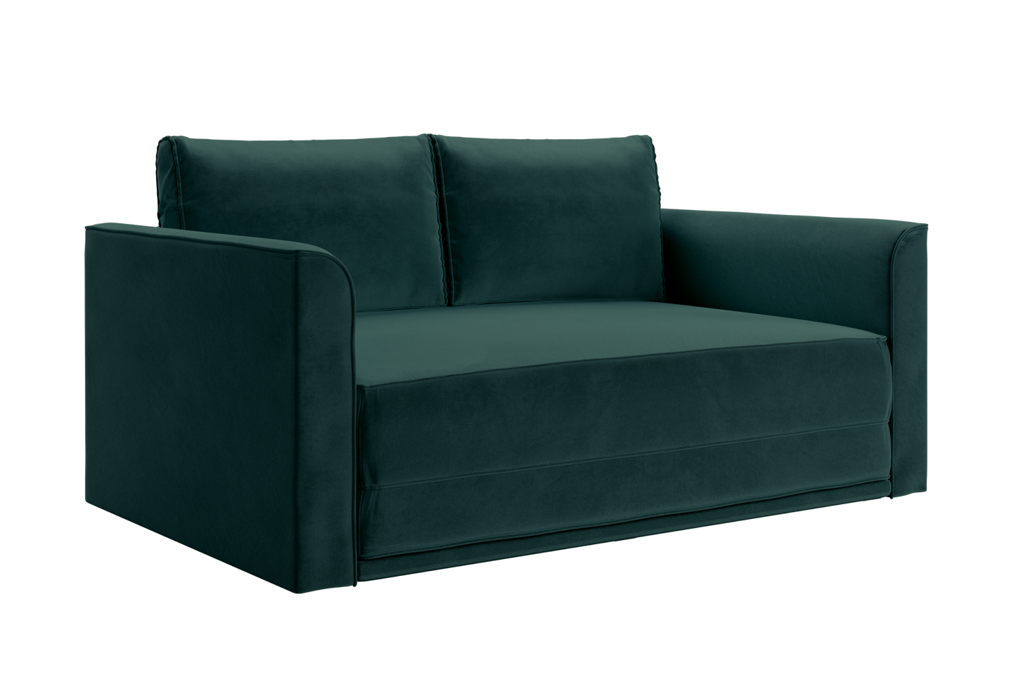 The Eclipse Sofa in Recycled Velvet is a modern dark green loveseat with straight armrests and two back cushions, pictured against a white background.
