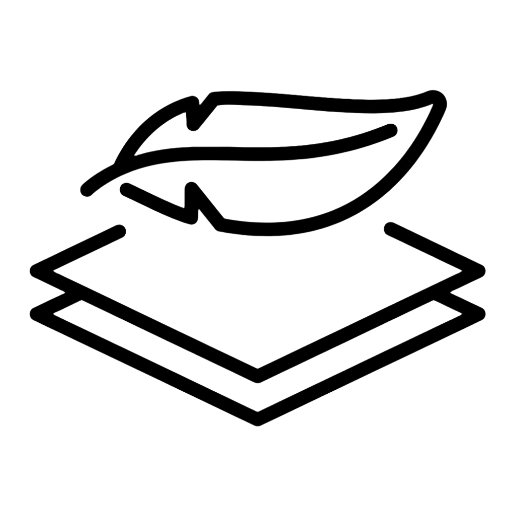 Simple black line icon of a feather resting on two stacked sheets of paper, representing writing or documentation.