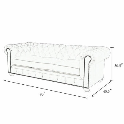 A sketch of the Birch Lane Freddie 95'' Leather Sofa, detailing its dimensions: 95 inches in width, 30.5 inches in height, and 40.5 inches in depth. The design includes rolled arms and button detailing along the base and backrest.