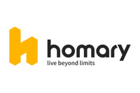 Logo of Homary, featuring a stylized yellow "H" graphic on the left and the text "homary" in black. Below "homary" is the tagline "live beyond limits" in smaller black font. The background is white.