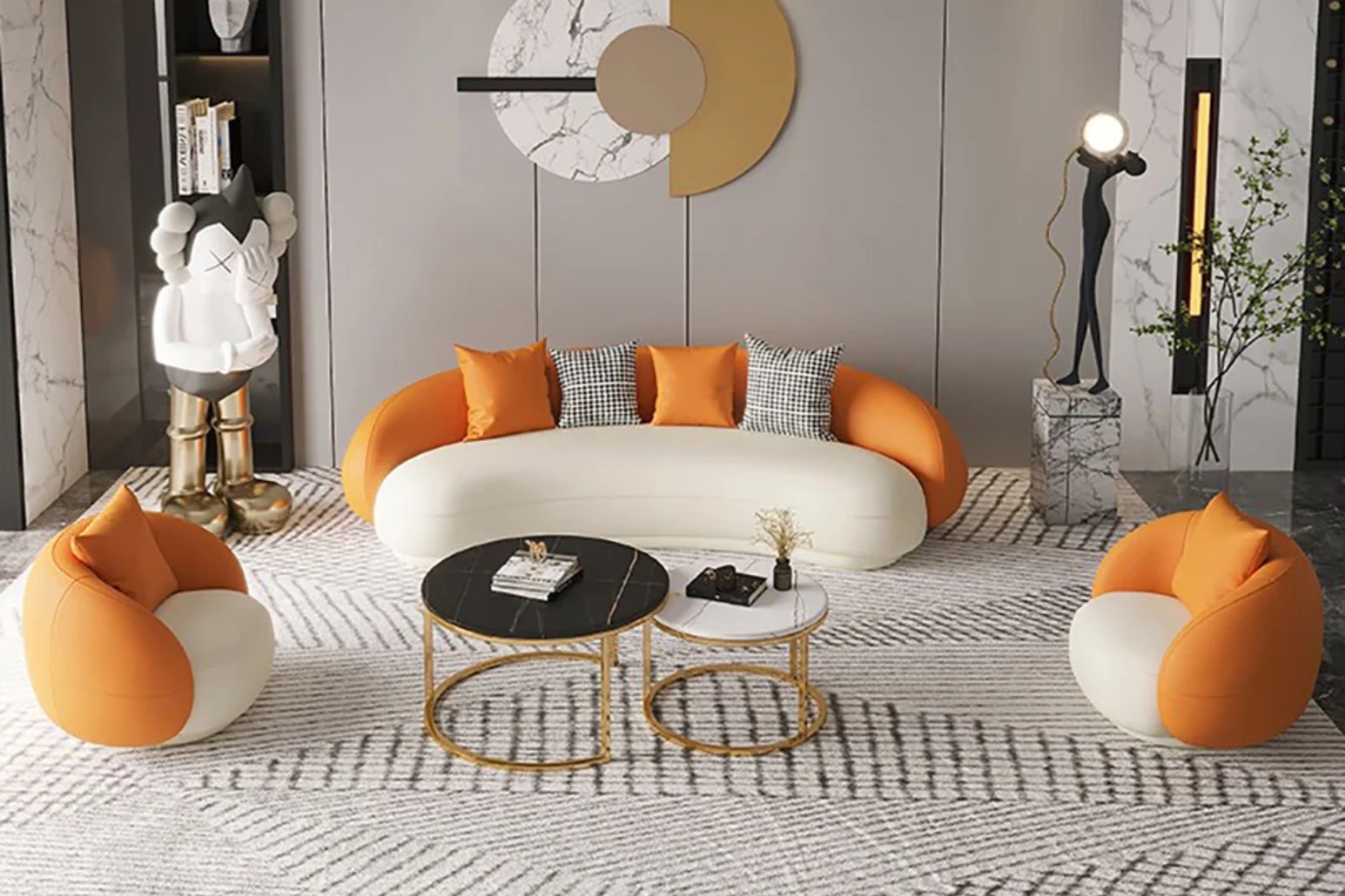Modern living room with a white and orange curved sofa, two matching chairs, and circular coffee tables. Abstract wall art and a unique sculpture stand nearby. A neutral patterned rug covers the floor, and a tall lamp adds light.