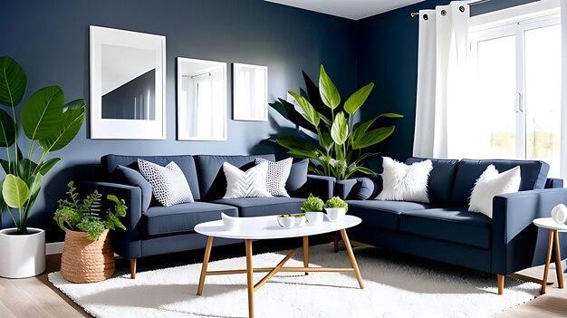 A modern living room features a navy-blue sofa set with white and gray cushions. Three wall mirrors hang above the sofas on dark blue walls. Potted plants and a white coffee table with plants on it are placed on a white fluffy rug, adjacent to a large window with white curtains.