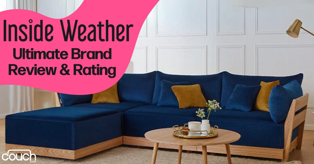 A modern living room with a blue sectional sofa and mustard yellow pillows. A round wooden coffee table with decorative items is in front. Text overlay: "Inside Weather: Ultimate Brand Review & Rating.