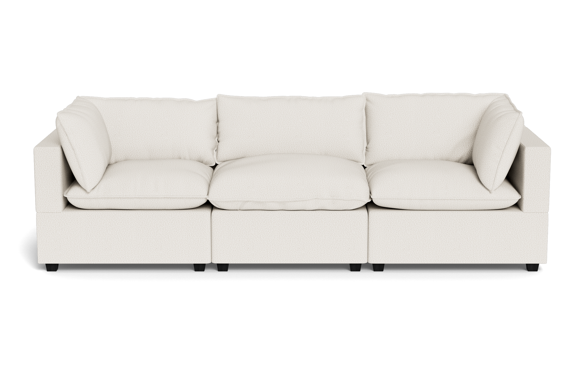 The Kova Pillow Cushion Sofa 122" is a modern, three-seat beige fabric sofa with plush cushions, square armrests, and a low profile, displayed against a plain black background.