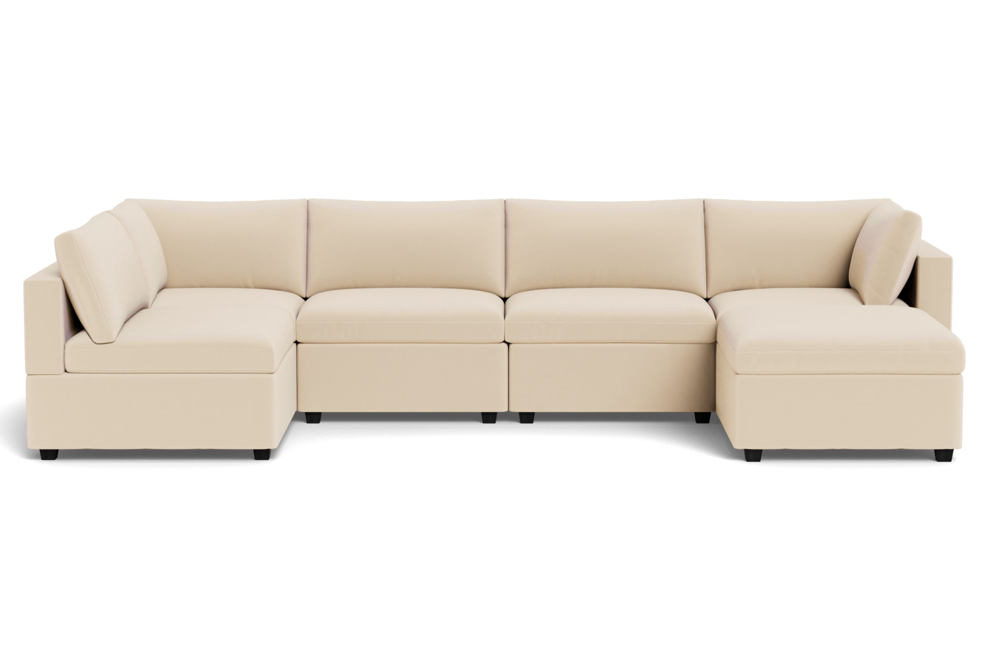 The Kova Box Cushion U-Shape is a beige, modern sectional sofa with clean lines and plush cushions, shown from the front against a plain background.