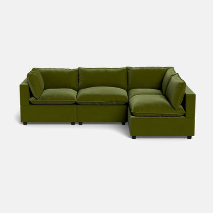 The Kova Pillow Cushion L-Shape is a modern olive green sectional sofa with plush cushions and a right-hand chaise, set against a plain white background.