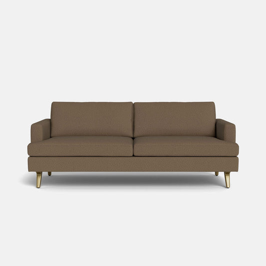 The Lido Sofa 75" features modern brown fabric, two seat and back cushions, straight arms, and four angled wooden legs, displayed against a plain white background.