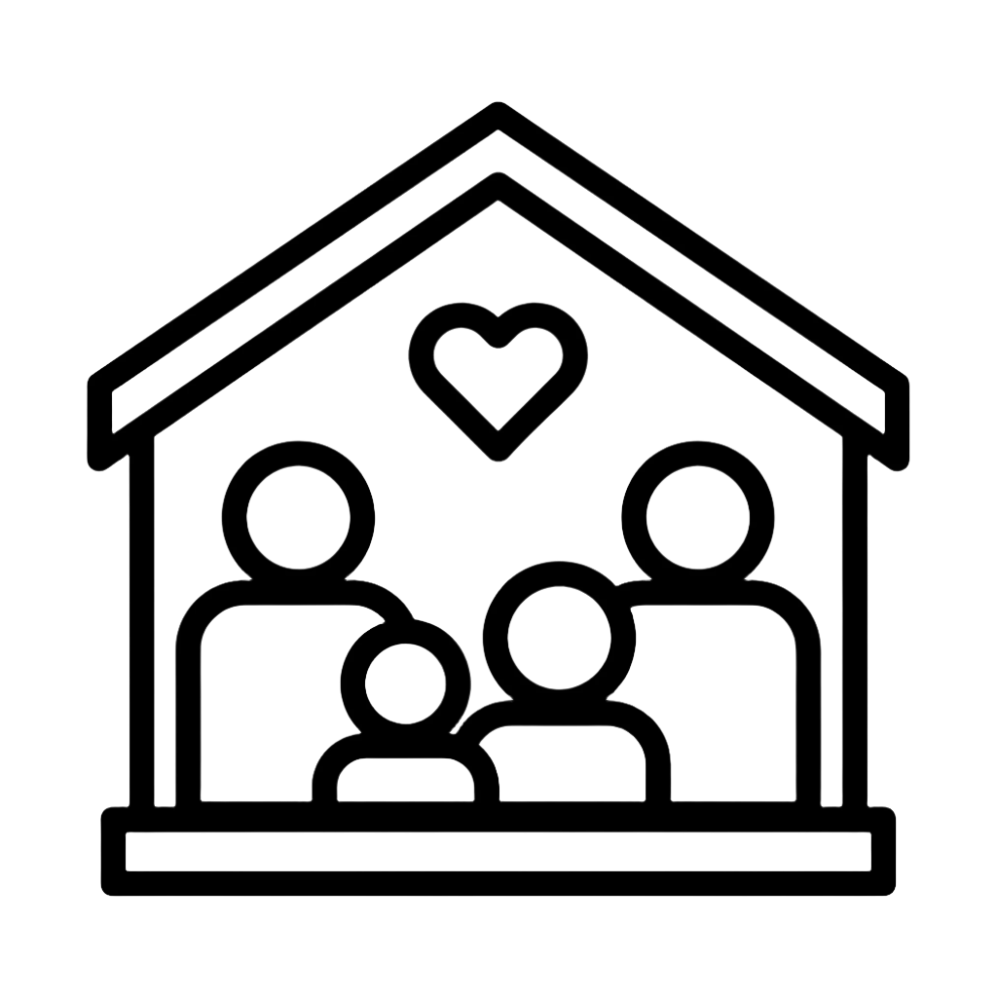 A simple black outline drawing of a house with a heart above four stylized figures inside, representing a family.