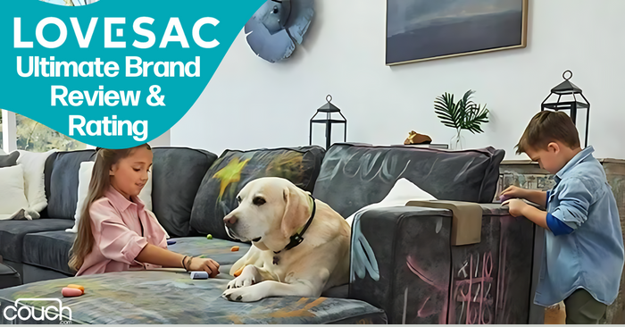 Two children and a dog on a gray couch with colorful chalk drawings. The girl is playing with a toy, and the boy is writing. The text reads "LOVESAC Ultimate Brand Review & Rating." A plant and decor items are in the background.