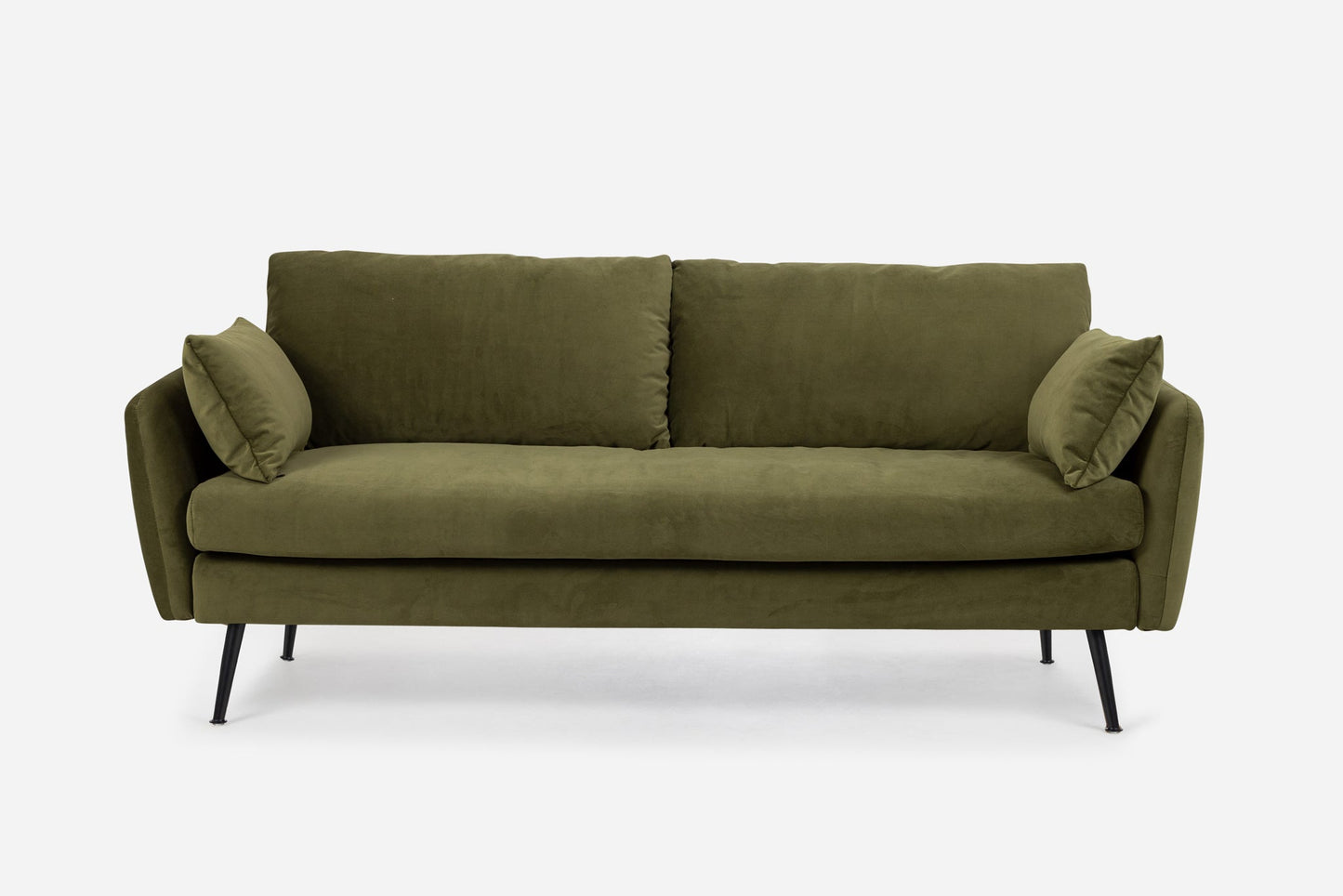 The Park Sofa is a modern olive green piece with two seat and back cushions, plus two side pillows. It features slim black metal legs and is shown against a plain white background.