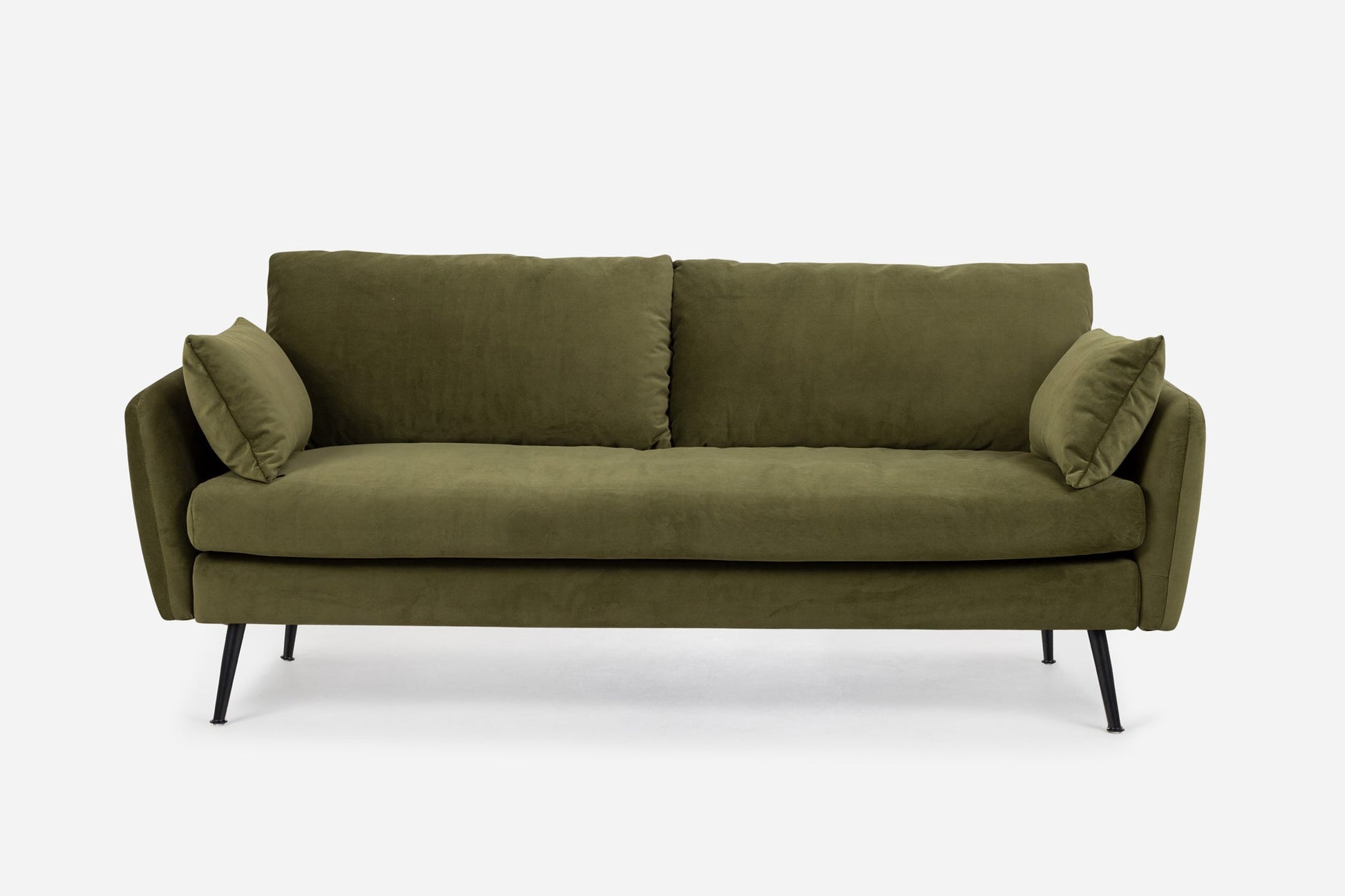 The Park Sofa is a modern olive green piece with two seat and back cushions, plus two side pillows. It features slim black metal legs and is shown against a plain white background.
