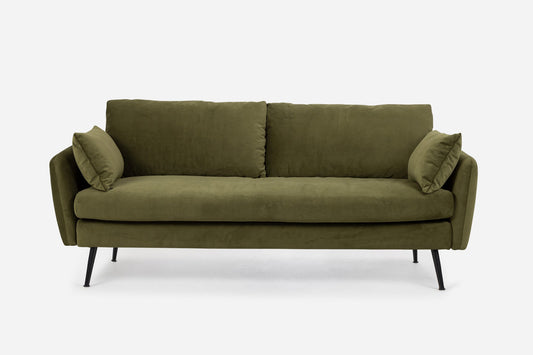 The Park Sofa is a modern olive green piece with two seat and back cushions, plus two side pillows. It features slim black metal legs and is shown against a plain white background.