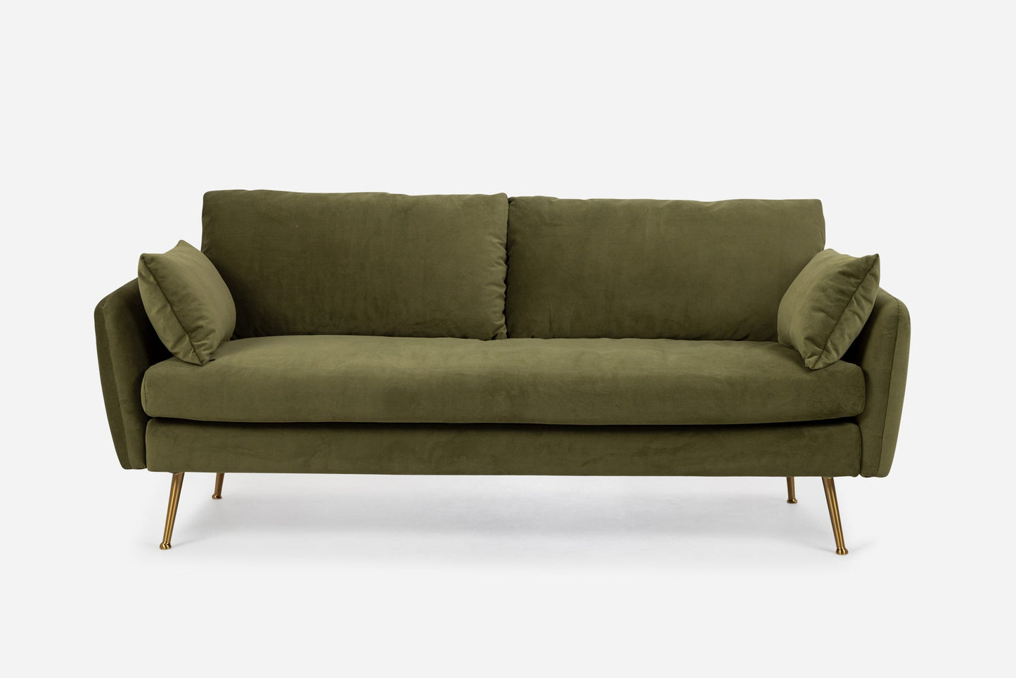 The Park Sofa is a modern olive green piece with plush cushions, angled armrests, and slim gold metal legs, shown against a plain white background.