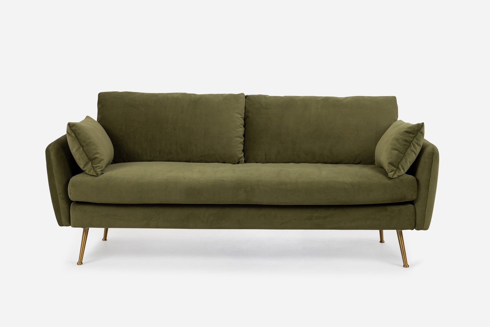 The Park Sofa is a modern olive green piece with plush cushions, angled armrests, and slim gold metal legs, shown against a plain white background.