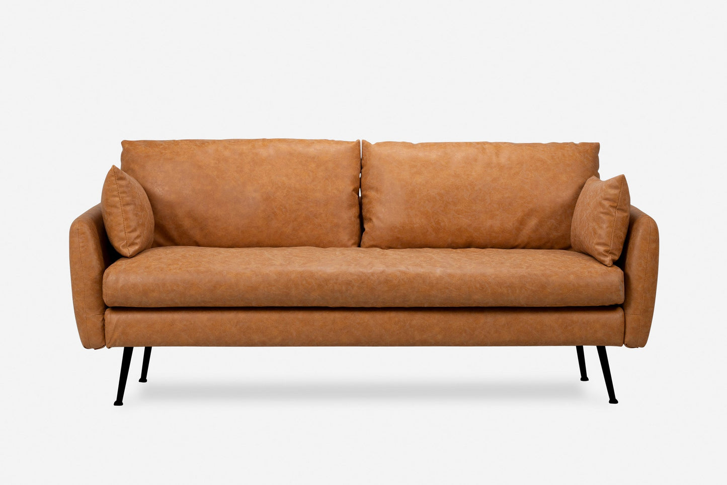 The Park Sofa features a modern design with light brown leather upholstery, slim black metal legs, two large seat cushions, two back cushions, and small side pillows, set against a plain white background.