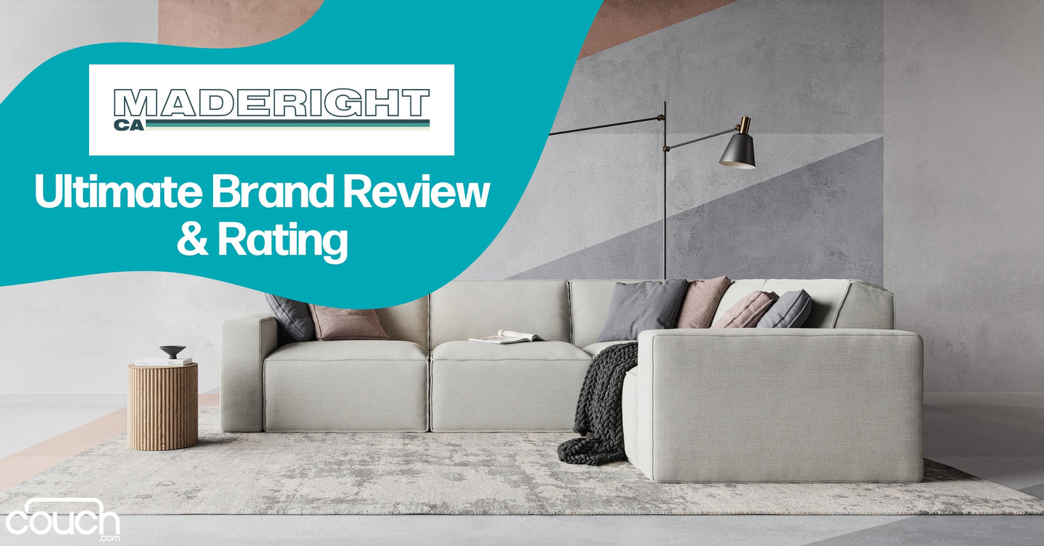 A modern living room with a light gray sofa adorned with various cushions. A floor lamp is positioned nearby, and a small side table holds a plant. The wall features geometric patterns. Overlaid text reads "Maderight CA Ultimate Brand Review & Rating.