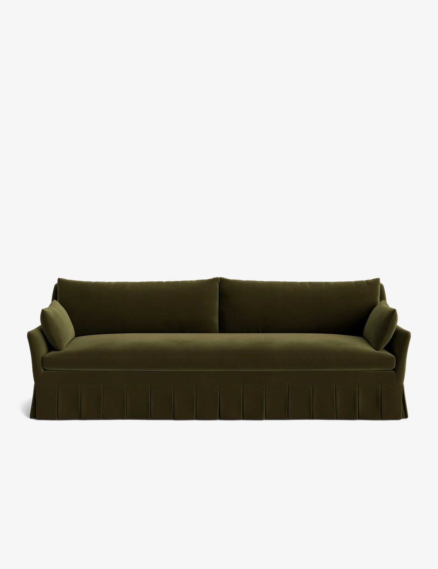 The Portola Pleated Sofa, featuring a dark green velvet finish with a pleated skirt and two bolster cushions, is displayed against a plain white background. It has a rectangular shape and plush seating.