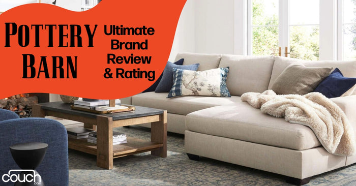 Living room with a beige sectional sofa, blue and patterned throw pillows, and a plush throw. A wooden coffee table is topped with books and decor items. Sunlight streams in from a window, and a rug covers the floor. Text reads: "Pottery Barn Ultimate Brand Review & Rating.