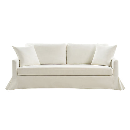 Introducing the Torsten Modern Comfortable Sofa, a white three-seater designed with two large back cushions and two smaller side cushions. Its floor-length tailored skirt adds a touch of elegance and sophistication to any space.
