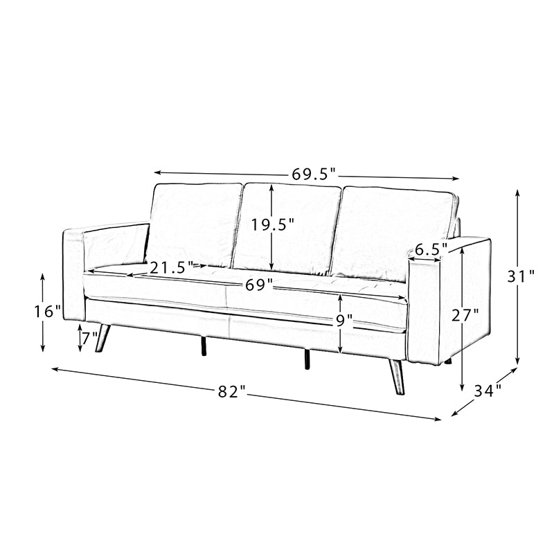 A line drawing of the Anatole Leather Sofa with dimensions labeled. The sofa is 82 inches long, 34 inches deep, and 31 inches high. The seat height is 16 inches, and the arm height is 27 inches. Cushions are 19.5 inches high, with a seating area width of 69.5 inches.