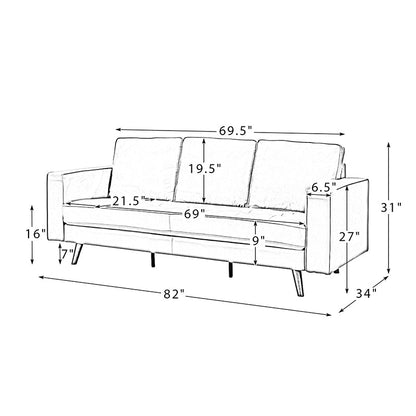 A line drawing of the Anatole Leather Sofa with dimensions labeled. The sofa is 82 inches long, 34 inches deep, and 31 inches high. The seat height is 16 inches, and the arm height is 27 inches. Cushions are 19.5 inches high, with a seating area width of 69.5 inches.