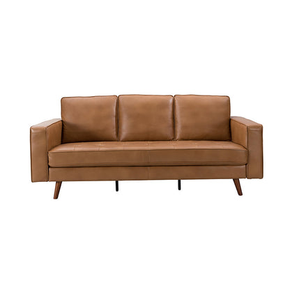 Introducing the Anatole Leather Sofa: A modern piece crafted with brown leather and three cushions, featuring sleek wooden legs. This front view highlights its minimalist and contemporary design, providing a comfortable seating option.