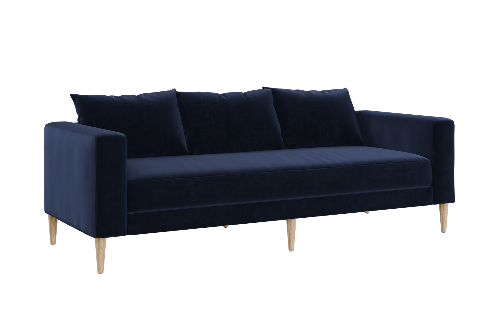 The Essential Sofa is a sleek, modern piece upholstered in dark blue velvet, supported by four light wooden legs. It includes three matching cushions and features straight armrests and a minimalist design, offering an elegant and contemporary appearance perfect for any living room or lounge area.