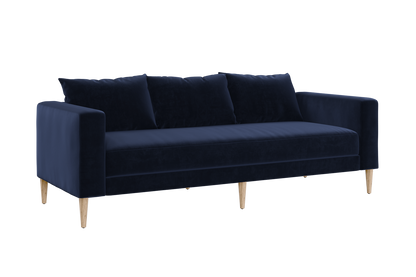 The Essential Sofa is a sleek, modern piece upholstered in dark blue velvet, supported by four light wooden legs. It includes three matching cushions and features straight armrests and a minimalist design, offering an elegant and contemporary appearance perfect for any living room or lounge area.