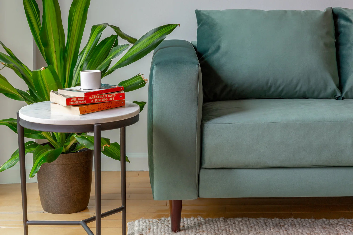 A cozy living room setup with a green couch, a potted plant beside it, and a small round side table. On the table, there are two stacked books and a white coffee cup. The room has wooden flooring and a neutral-colored rug.