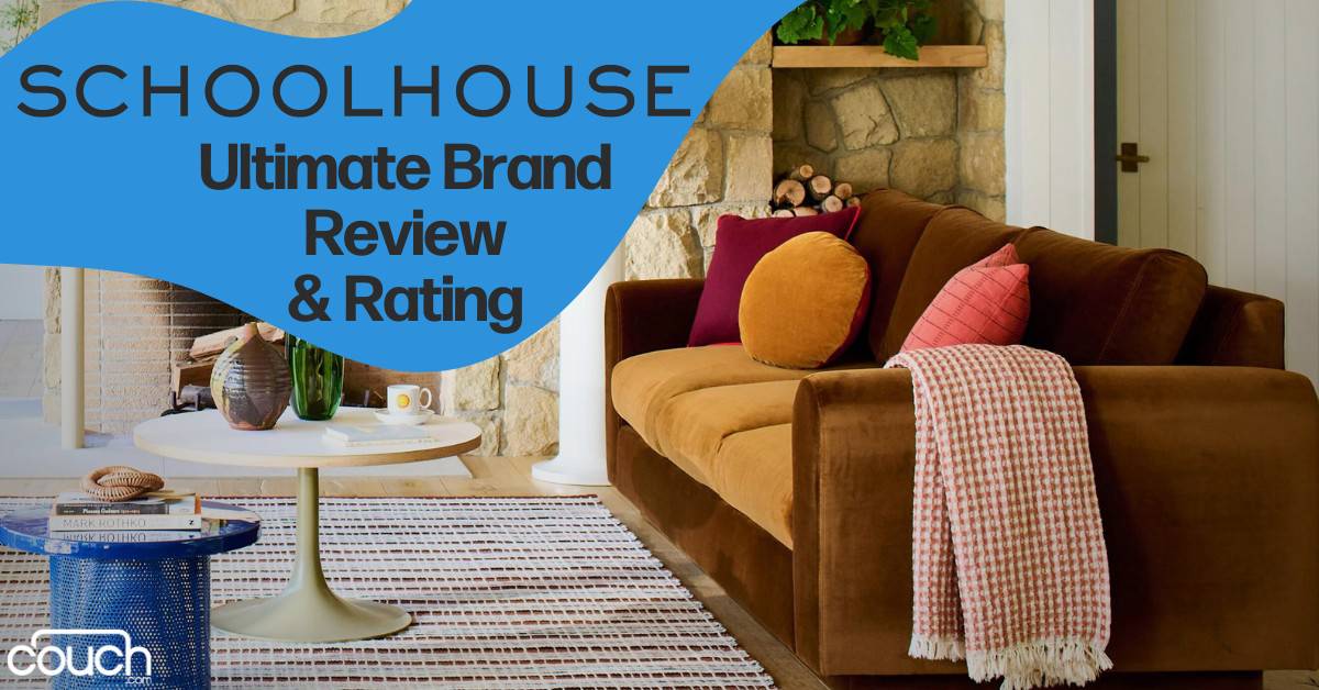 A cozy living room with a brown velvet couch adorned with orange and pink pillows and a checked throw. A white coffee table holds a plant and other decor items on a striped rug. Text on the image reads, "Schoolhouse Ultimate Brand Review & Rating".