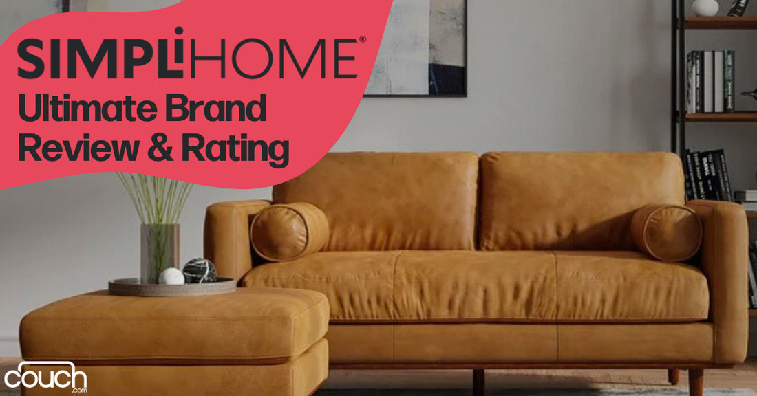 A stylish living room featuring a brown leather sofa with matching ottoman, a minimalist bookshelf, and a plant on a side table. Text on the image reads "SIMPLIHOME Ultimate Brand Review & Rating.