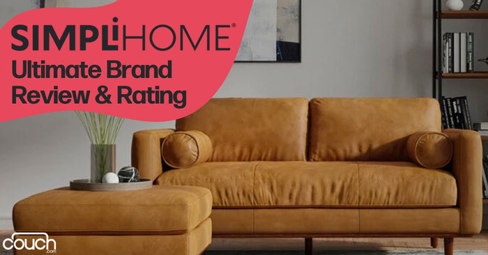 A stylish living room featuring a brown leather sofa with matching ottoman, a minimalist bookshelf, and a plant on a side table. Text on the image reads "SIMPLIHOME Ultimate Brand Review & Rating.