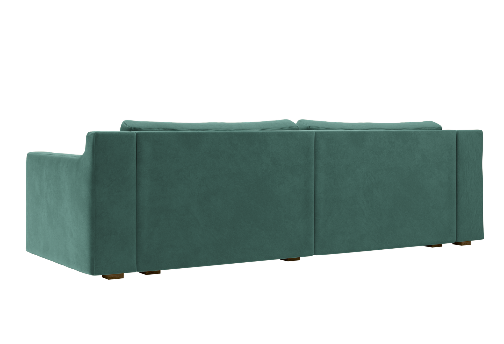 Introducing The Elevate Sofa: a contemporary piece featuring a modern rectangular design, teal upholstery, and two cushion backs. The sofa showcases clean, straight lines complemented by wooden legs, offering stylish sophistication from every angle.
