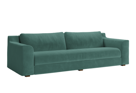 The Elevate Sofa is a sleek, modern piece with plush cushions and low armrests, presented against a plain white background. Its minimalist design boasts a smooth fabric finish and sturdy block legs.