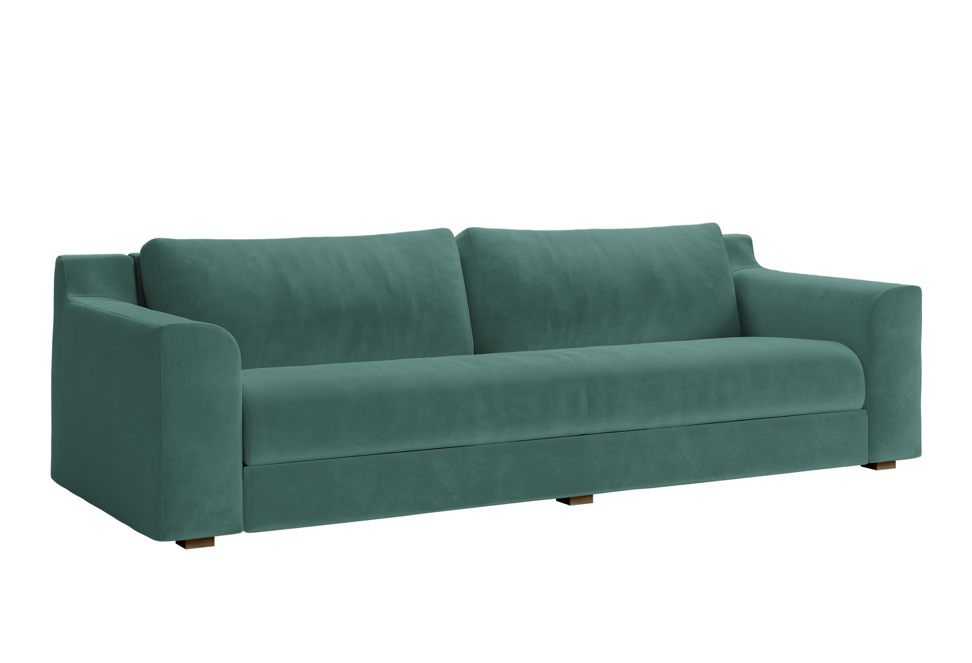 Introducing The Elevate Sofa: a modern teal velvet piece featuring plush cushions and wide armrests. Its sleek design and minimalist style are beautifully showcased against a transparent background.