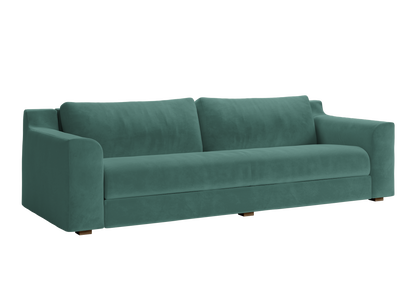 Introducing The Elevate Sofa: a modern teal velvet piece featuring plush cushions and wide armrests. Its sleek design and minimalist style are beautifully showcased against a transparent background.