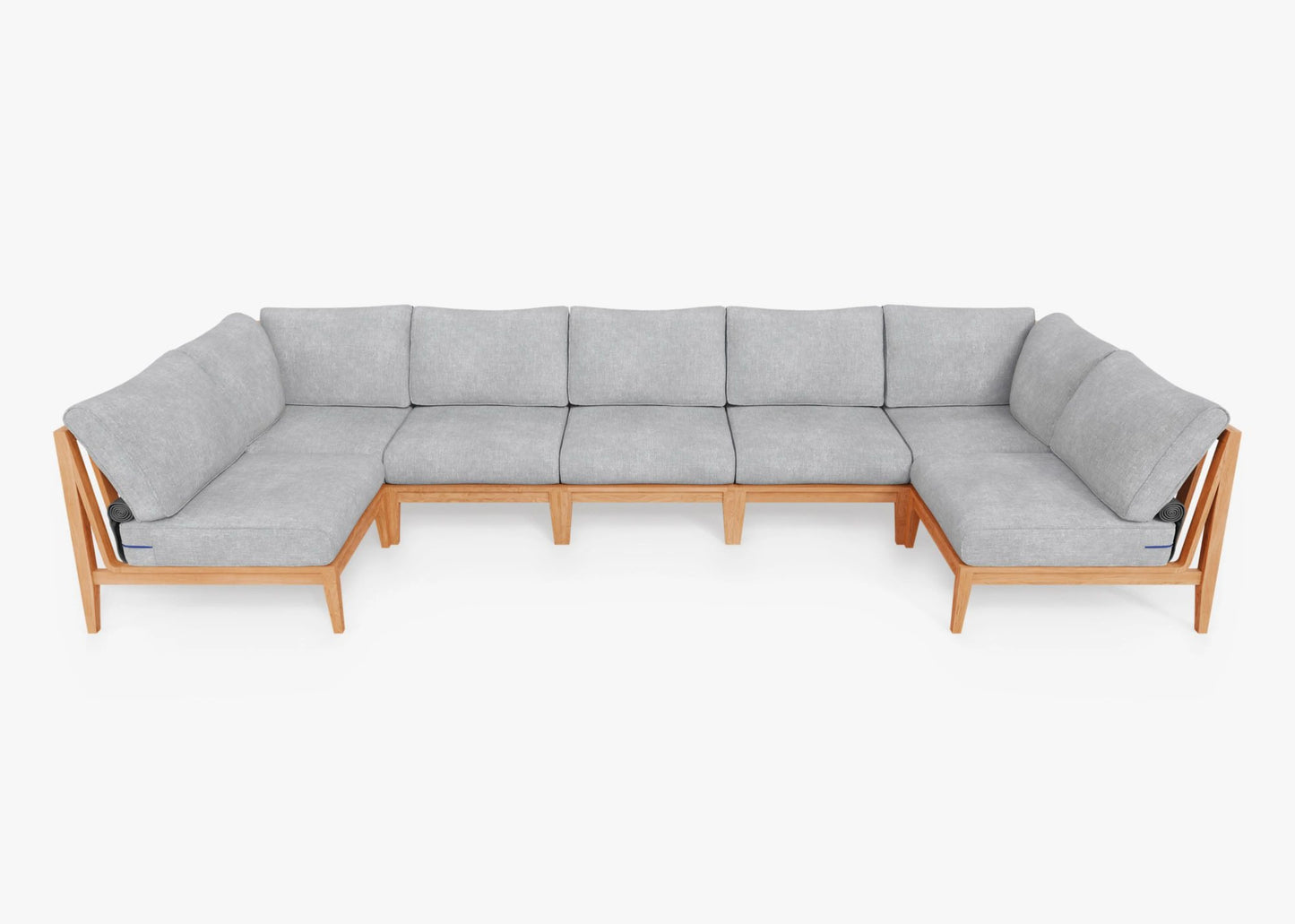 The Teak Outdoor U Sectional - Seven Seat is a spacious, modern piece with a sleek wooden frame and light gray cushions. Its minimalist design offers plenty of seating, set against a plain white background.