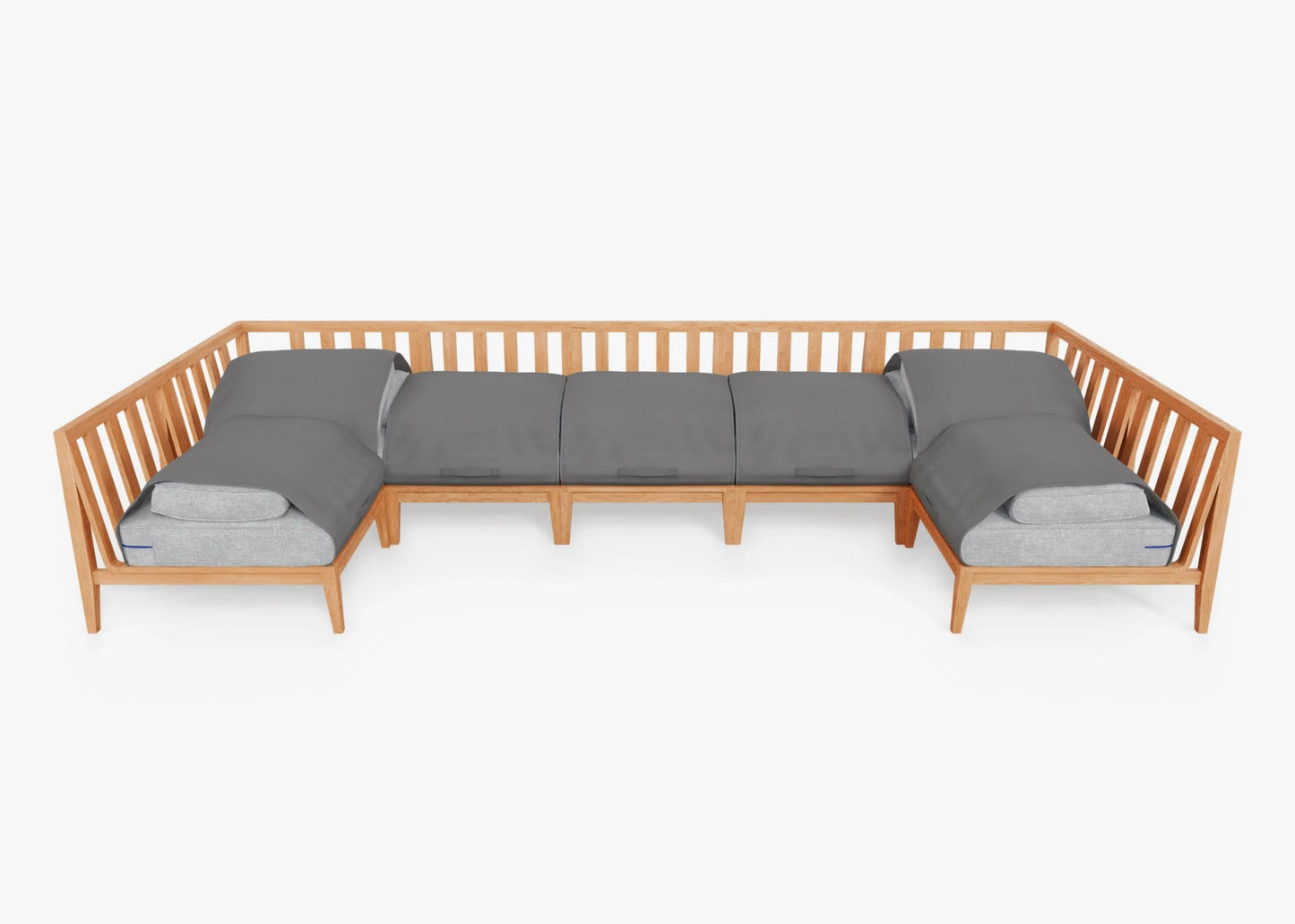 Introducing the Teak Outdoor U Sectional - Seven Seat: a spacious teak sectional sofa with slatted backrests and elegant gray cushions on a white foundation, perfect for enhancing the modern appeal of your living room or patio.