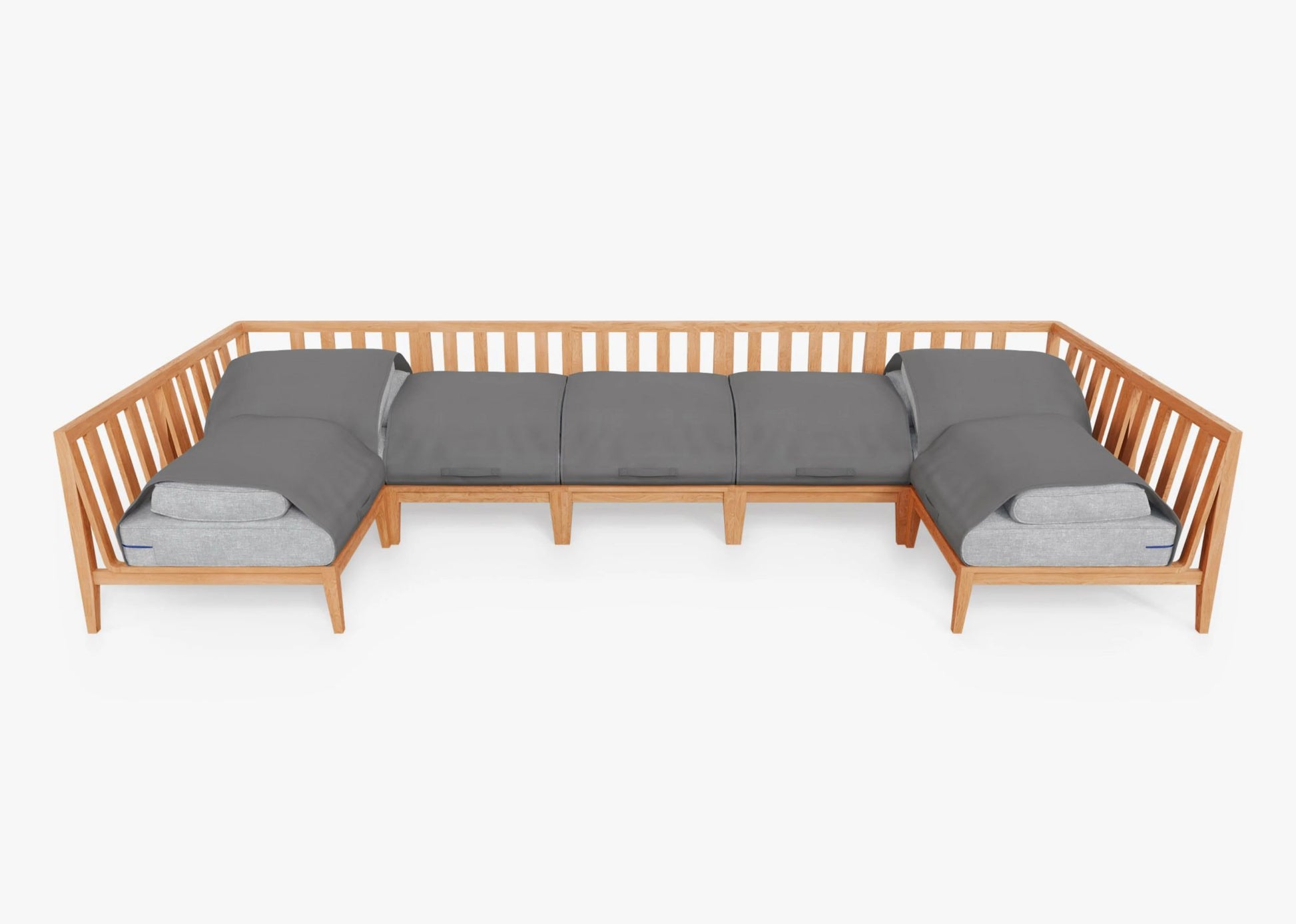 Introducing the Teak Outdoor U Sectional - Seven Seat: a spacious teak sectional sofa with slatted backrests and elegant gray cushions on a white foundation, perfect for enhancing the modern appeal of your living room or patio.