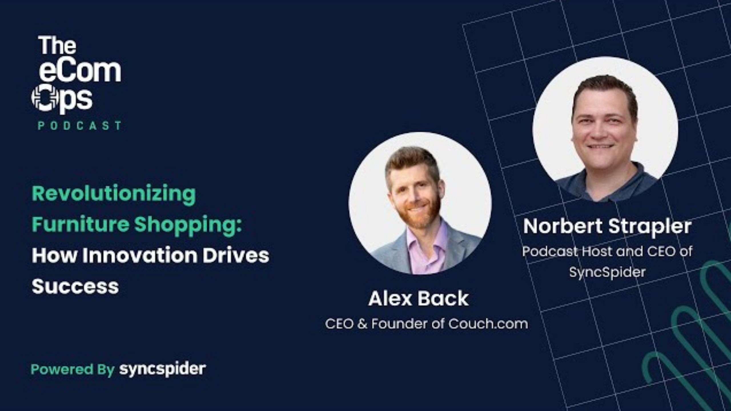 Promotional image for The eComOps Podcast featuring Alex Back, CEO & Founder of Couch.com, and Norbert Strapler, Podcast Host and CEO of SyncSpider, discussing "Revolutionizing Furniture Shopping: How Innovation Drives Success." Powered by SyncSpider.