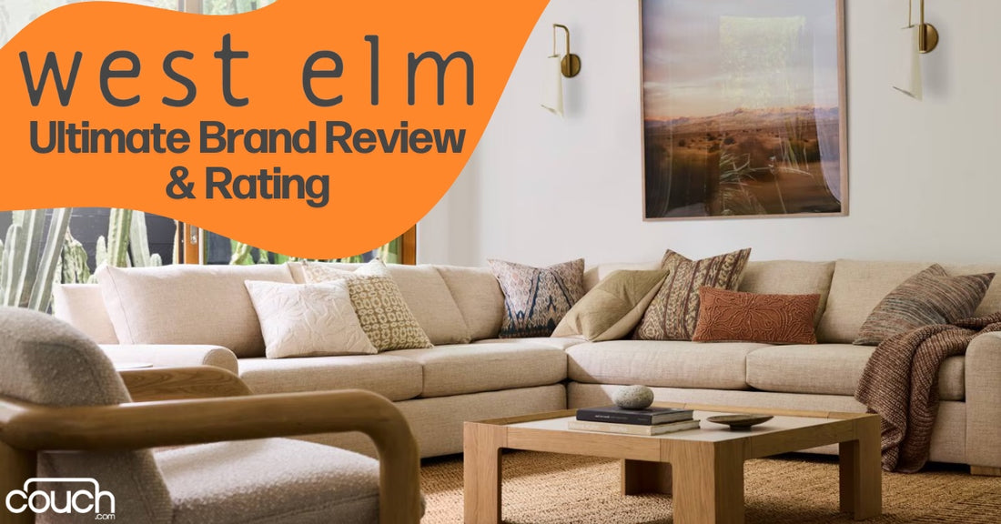 A cozy living room with a large beige sectional sofa, various patterned pillows, a light wooden coffee table, and a wall photo of a desert landscape. Text overlay reads, "West Elm Ultimate Brand Review & Rating" with the Couch.com logo.