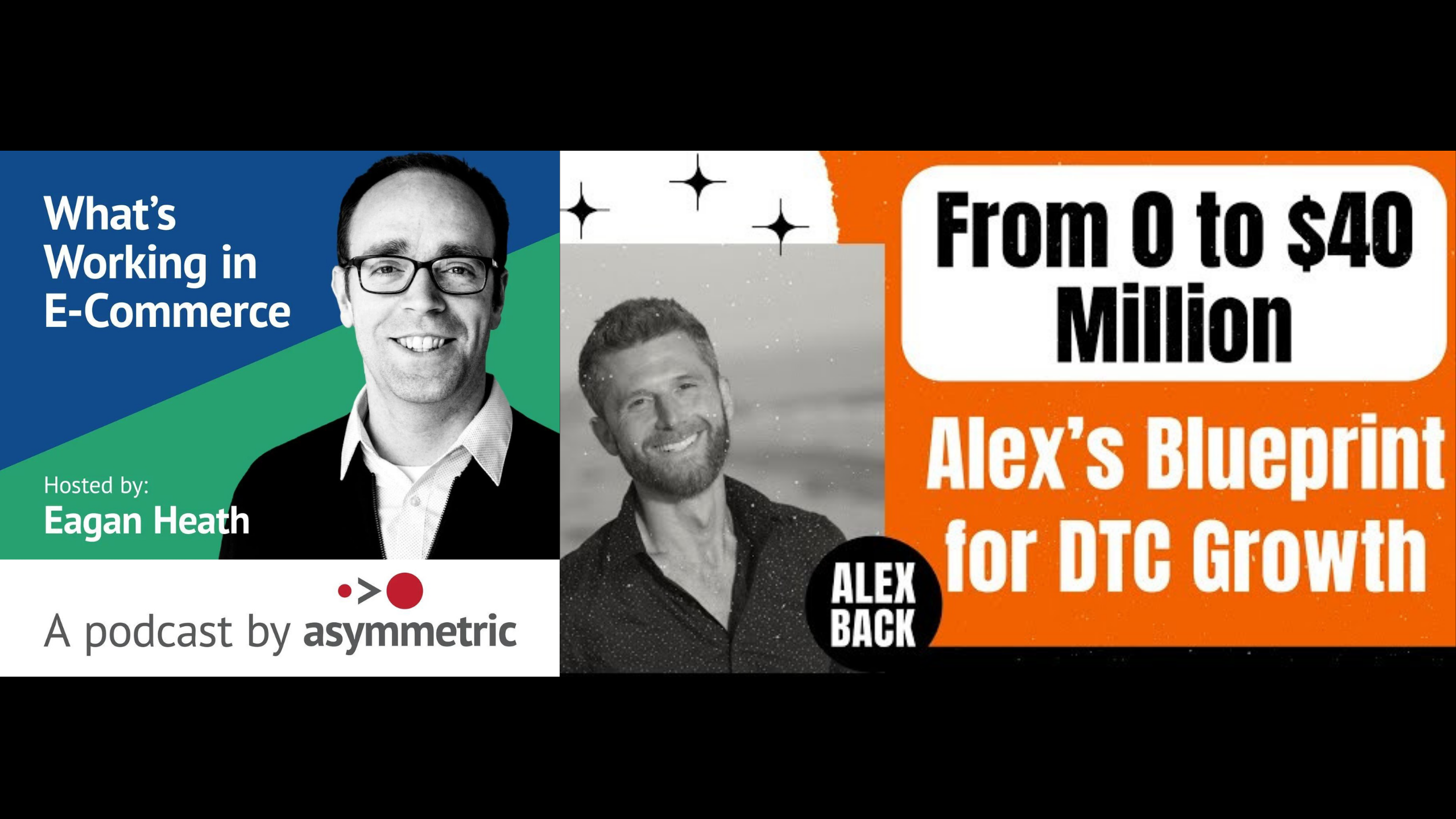 Promotional graphic for the "What's Working in E-Commerce" podcast, hosted by Eagan Heath. It features headshots of Eagan Heath and guest Alex Back against a backdrop mentioning "From 0 to $40 Million: Alex's Blueprint for DTC Growth" and the Asymmetric logo.