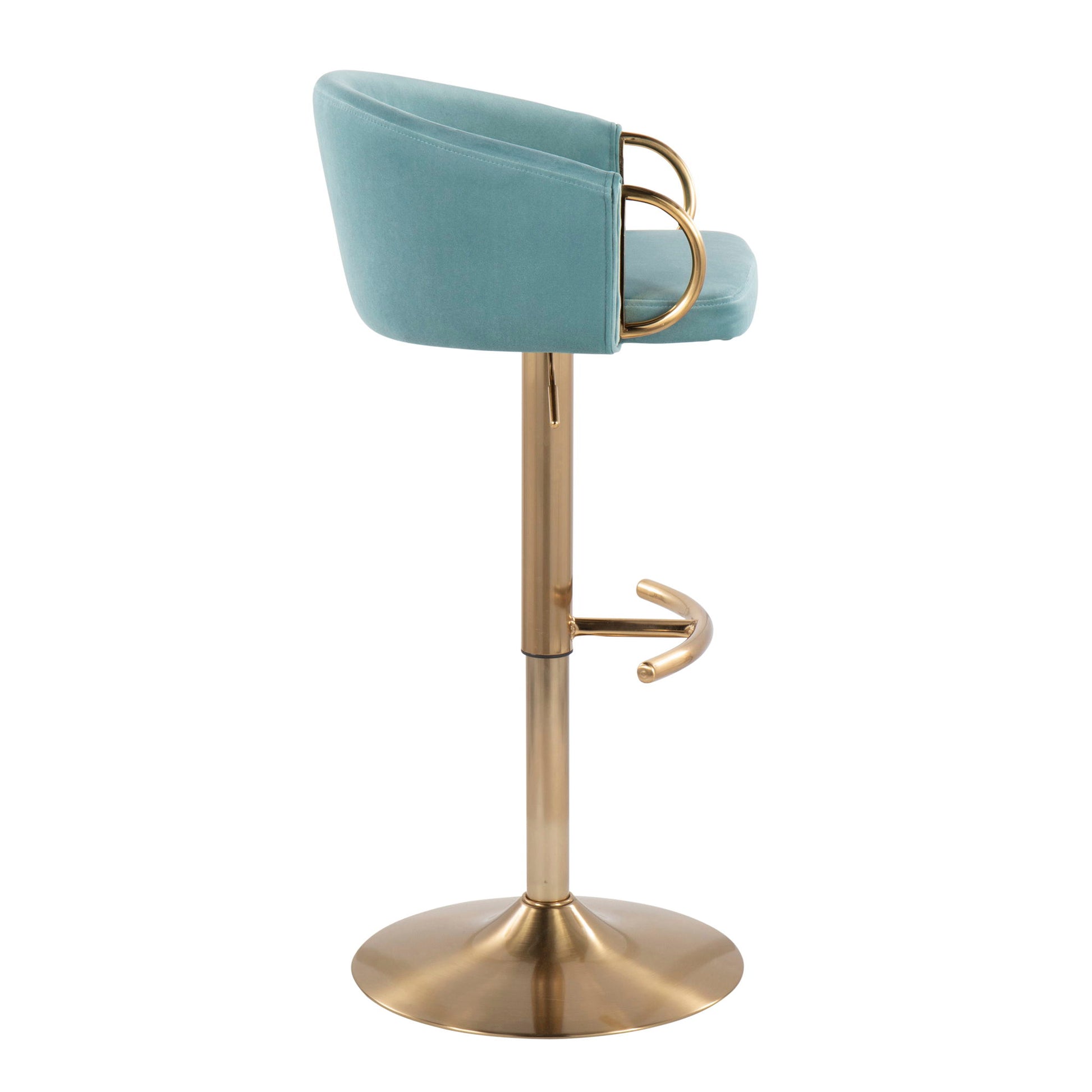 The Claire Contemporary/Glam Adjustable Bar Stool (Set of 2) features a teal upholstered seat and backrest, gold metal base with footrest, sleek round flat base, and a modern design.