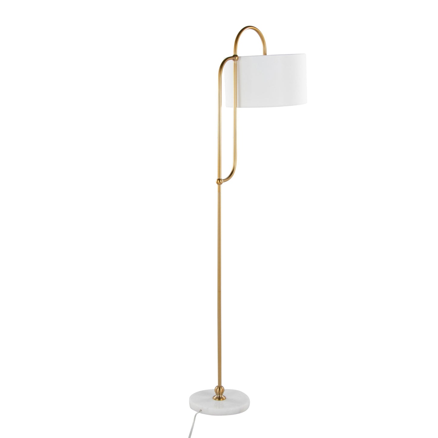 The Leslie Glam/Art Deco Floor Lamp features a gold metal frame, white cylindrical lampshade, round white marble base, and a white electrical cord.