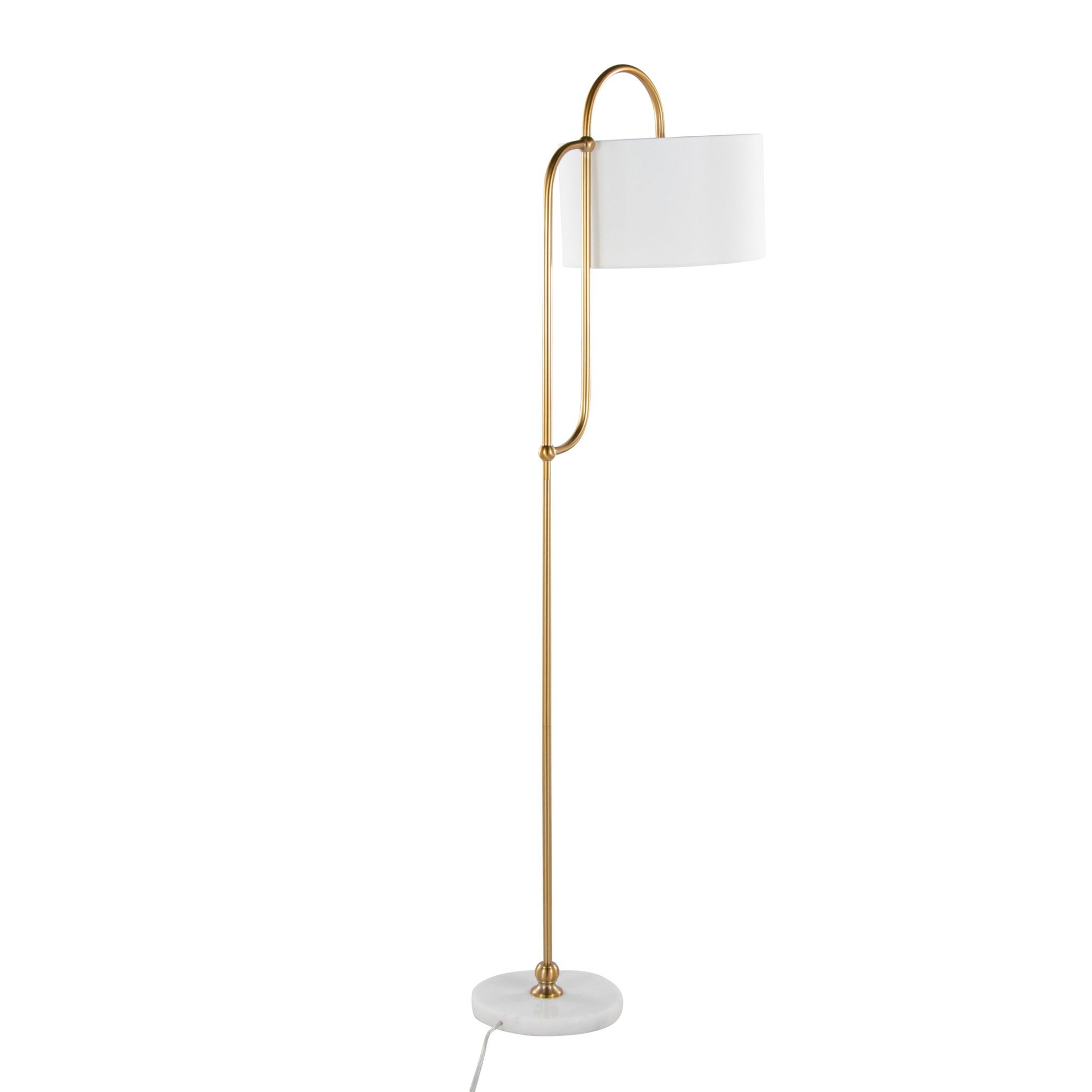 The Leslie Glam/Art Deco Floor Lamp features a gold metal frame, white cylindrical lampshade, round white marble base, and a white electrical cord.