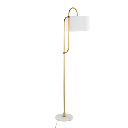The Leslie Glam/Art Deco Floor Lamp features a gold metal frame, white cylindrical lampshade, round white marble base, and a white electrical cord.