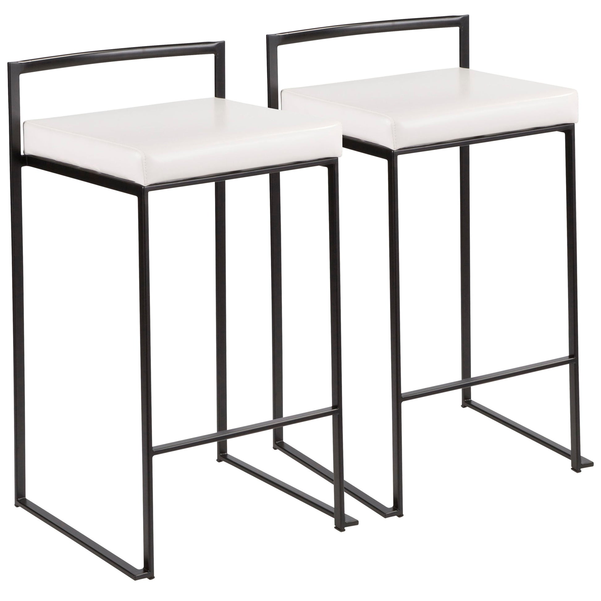Two Fuji Contemporary Style Stackable Counter Stools with black metal frames and square white cushioned seats, minimalist backrests, and footrests are arranged side by side on a white background.
